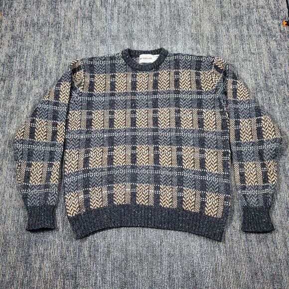 VTG 70s McGregor Geometric Plaid, Grandpa, Preppy, Wool Sweater *XL* Knit - Picture 1 of 10